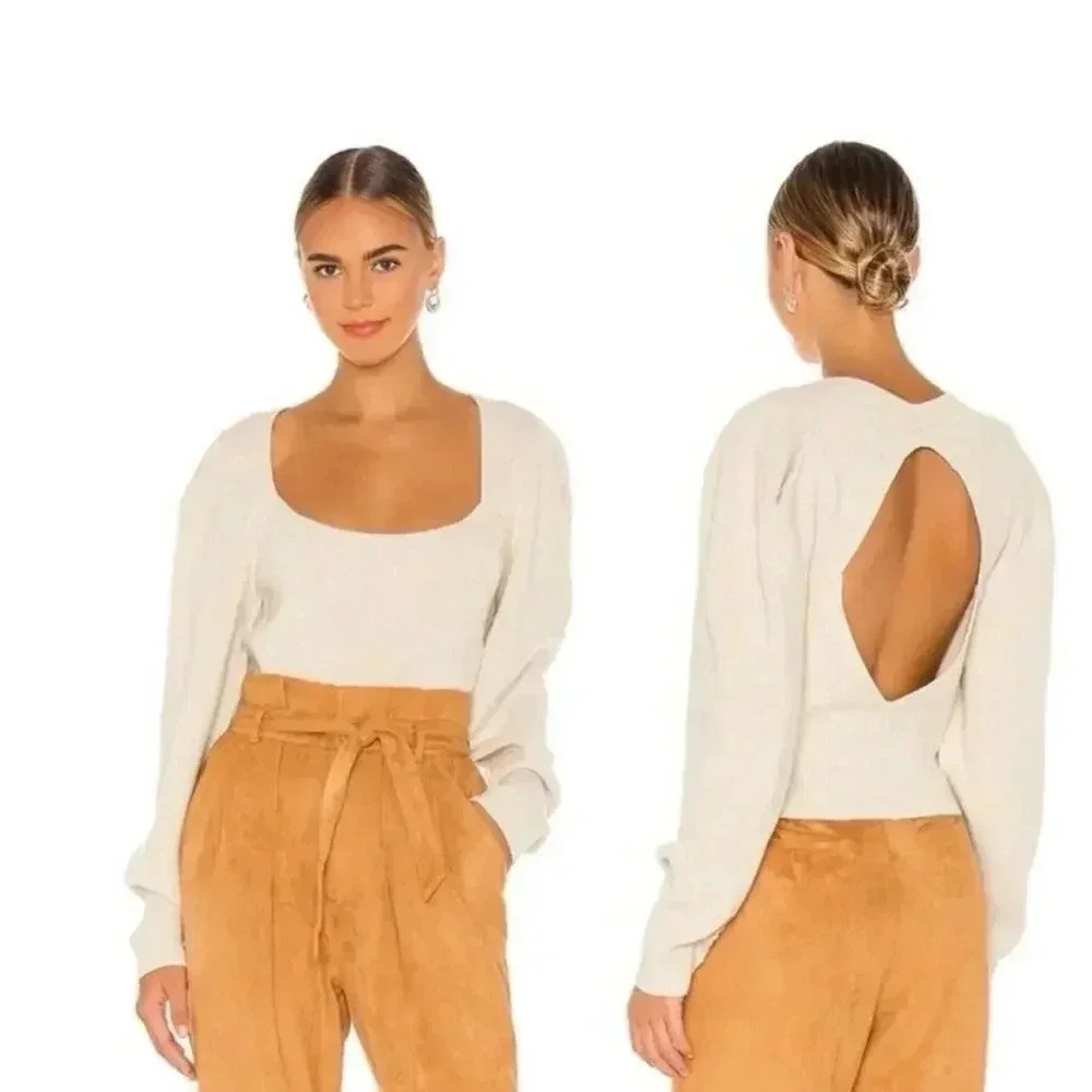FREE PEOPLE Saffron Ribbed Open Back Sweater Top in Oatmeal Size M Dolman sleeve